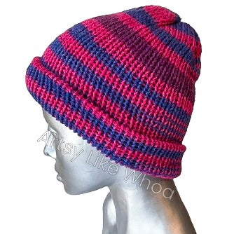 Pink Purple and Blue Knit Hat - Slouchy or Rolled Brim Beanie - Fits Small (kids and petite teens) - Ready to Ship