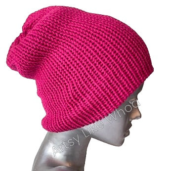 Hot Pink Knit Hat - Slouchy or Rolled Up Brim Beanie - One Size Fits Most- Ready to Ship