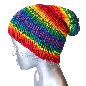 Bright Rainbow Knit Hat - Slouchy or Rolled Up Brim Beanie - Fits Small - Ready to Ship