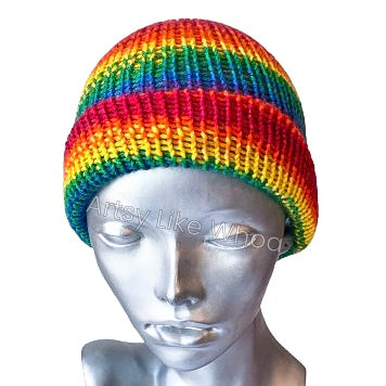 Bright Rainbow Knit Hat - Slouchy or Rolled Up Brim Beanie - Fits Small - Ready to Ship