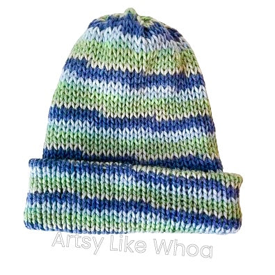 Blue and Green Striped Knit Hat - Slouchy or Rolled Up Brim Beanie - One Size Fits Most- Ready to Ship