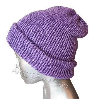 Lilac Purple Knit Hat - Slouchy or Rolled Up Brim Beanie - One Size Fits Most - Ready to Ship