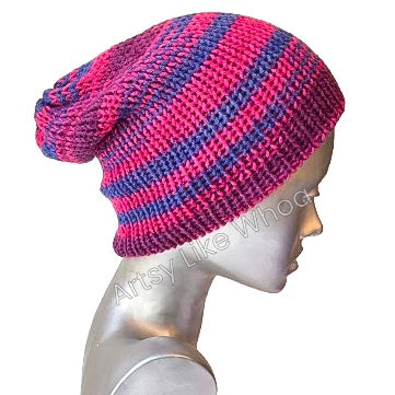 Pink Purple and Blue Knit Hat - Slouchy or Rolled Brim Beanie - Fits Small (kids and petite teens) - Ready to Ship