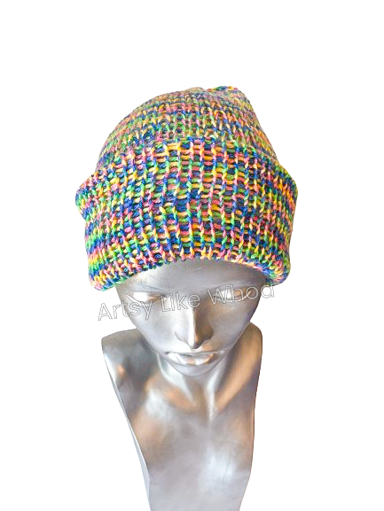 Pastel Rainbow Knit Hat - Slouchy or Rolled Up Brim Beanie - One Size Fits Most - Ready to Ship