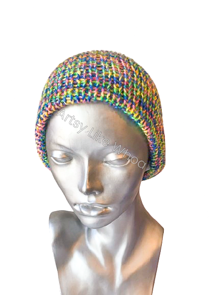 Pastel Rainbow Knit Hat - Slouchy or Rolled Up Brim Beanie - One Size Fits Most - Ready to Ship