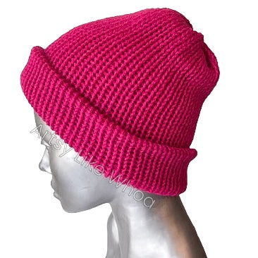 Hot Pink Knit Hat - Slouchy or Rolled Up Brim Beanie - One Size Fits Most- Ready to Ship