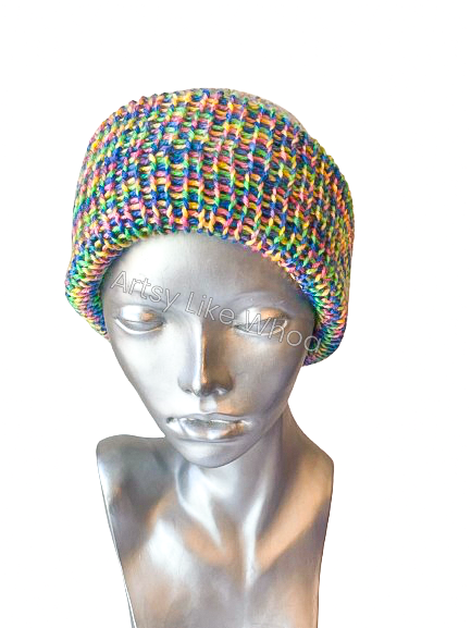 Pastel Rainbow Knit Hat - Slouchy or Rolled Up Brim Beanie - One Size Fits Most - Ready to Ship