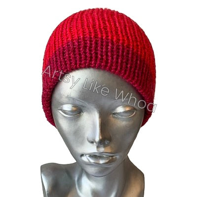 Red and Orange Knit Hat - Slouchy or Rolled Up Brim Beanie - Fits Small - Ready to Ship