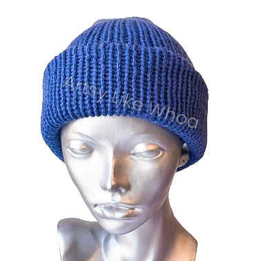 Dark Blue/Purple Knit Hat - Slouchy or Rolled Up Brim Beanie - One Size Fits Most - Ready to Ship