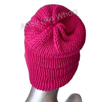 Hot Pink Knit Hat - Slouchy or Rolled Up Brim Beanie - One Size Fits Most- Ready to Ship