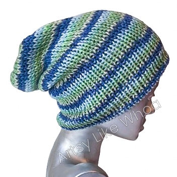 Blue and Green Striped Knit Hat - Slouchy or Rolled Up Brim Beanie - One Size Fits Most- Ready to Ship