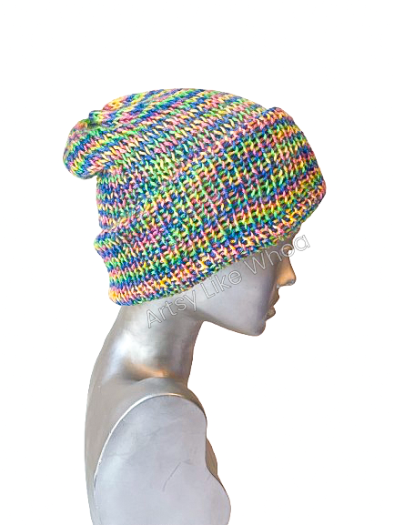 Pastel Rainbow Knit Hat - Slouchy or Rolled Up Brim Beanie - One Size Fits Most - Ready to Ship