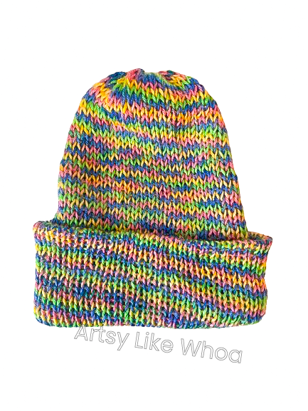 Pastel Rainbow Knit Hat - Slouchy or Rolled Up Brim Beanie - One Size Fits Most - Ready to Ship