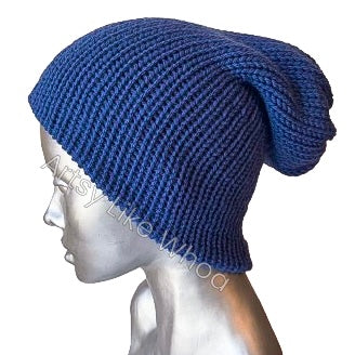 Dark Blue/Purple Knit Hat - Slouchy or Rolled Up Brim Beanie - One Size Fits Most - Ready to Ship