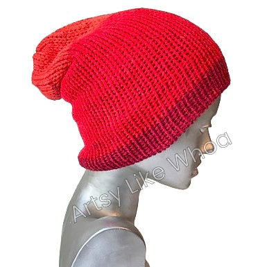 Red and Orange Knit Hat - Slouchy or Rolled Up Brim Beanie - Fits Small - Ready to Ship