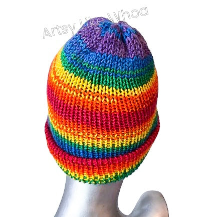 Bright Rainbow Knit Hat - Slouchy or Rolled Up Brim Beanie - Fits Small - Ready to Ship