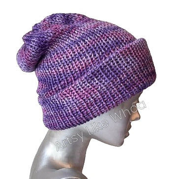 Purple Knit Hat - Slouchy or Rolled Up Brim Beanie - One Size Fits Most- Ready to Ship