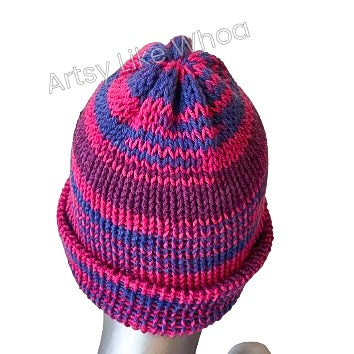 Pink Purple and Blue Knit Hat - Slouchy or Rolled Brim Beanie - Fits Small (kids and petite teens) - Ready to Ship