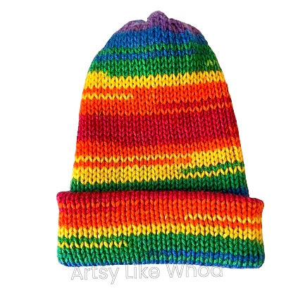 Bright Rainbow Knit Hat - Slouchy or Rolled Up Brim Beanie - Fits Small - Ready to Ship