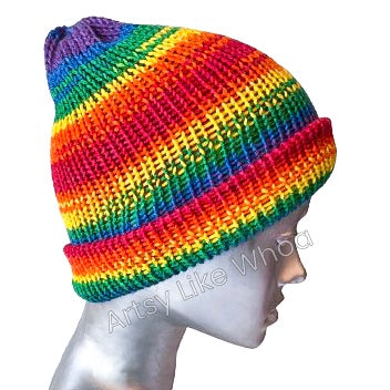 Bright Rainbow Knit Hat - Slouchy or Rolled Up Brim Beanie - Fits Small - Ready to Ship