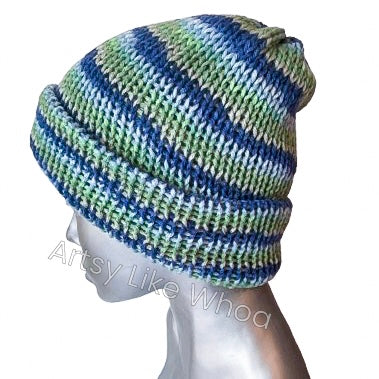 Blue and Green Striped Knit Hat - Slouchy or Rolled Up Brim Beanie - One Size Fits Most- Ready to Ship