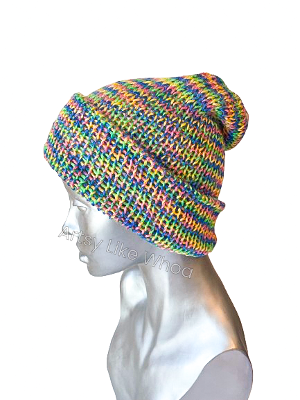 Pastel Rainbow Knit Hat - Slouchy or Rolled Up Brim Beanie - One Size Fits Most - Ready to Ship