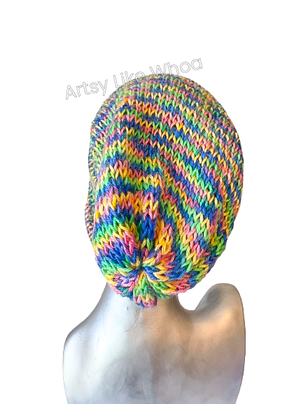 Pastel Rainbow Knit Hat - Slouchy or Rolled Up Brim Beanie - One Size Fits Most - Ready to Ship