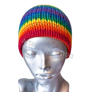 Bright Rainbow Knit Hat - Slouchy or Rolled Up Brim Beanie - Fits Small - Ready to Ship