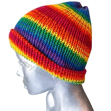 Bright Rainbow Knit Hat - Slouchy or Rolled Up Brim Beanie - Fits Small - Ready to Ship