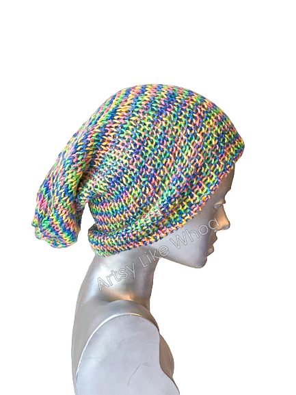 Pastel Rainbow Knit Hat - Slouchy or Rolled Up Brim Beanie - One Size Fits Most - Ready to Ship