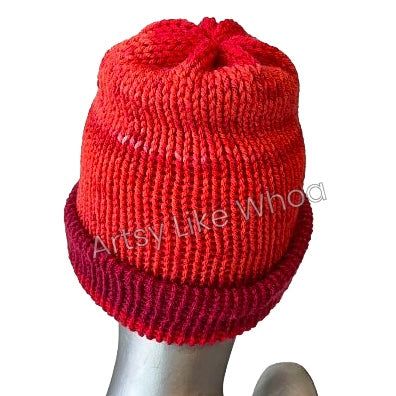 Red and Orange Knit Hat - Slouchy or Rolled Up Brim Beanie - Fits Small - Ready to Ship