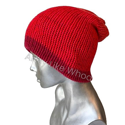 Red and Orange Knit Hat - Slouchy or Rolled Up Brim Beanie - Fits Small - Ready to Ship